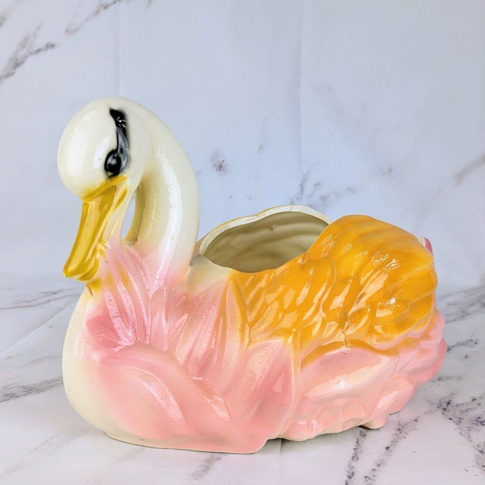 Vintage Swan 12" Ceramic Pottery Planter Decor Pink & Orange Mid-Century Painted